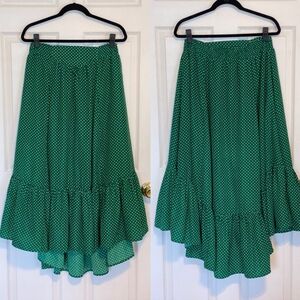 Umgee Green White Polka Dot Maxi Skirt Ruffle Elastic Waist Spring Cottagecore L